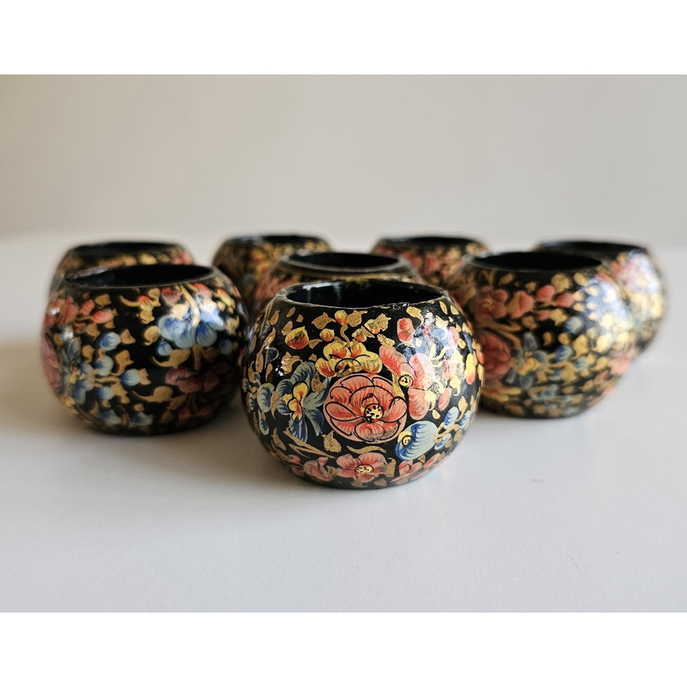 Floral Black Lacquer Napkin Rings Set of 8 Multicolor Hand Painted Gold Accent